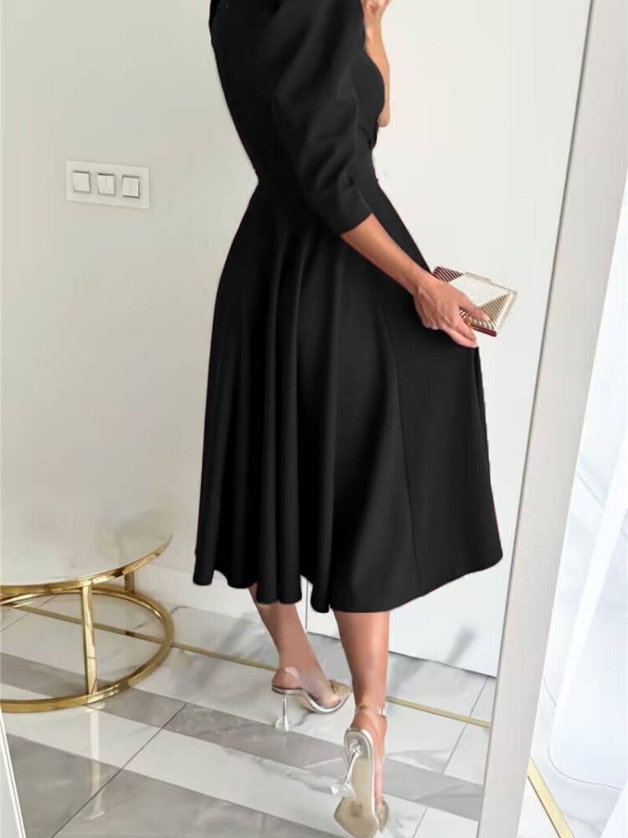 V-neck, Fitted Waist Pleated Big Swing Daily Casual Midi Dress