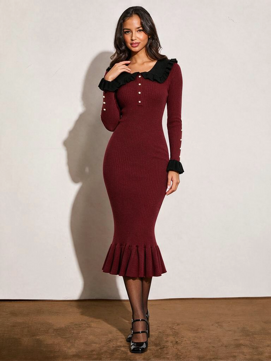 French-style Ruffled Knit Sweater Dress