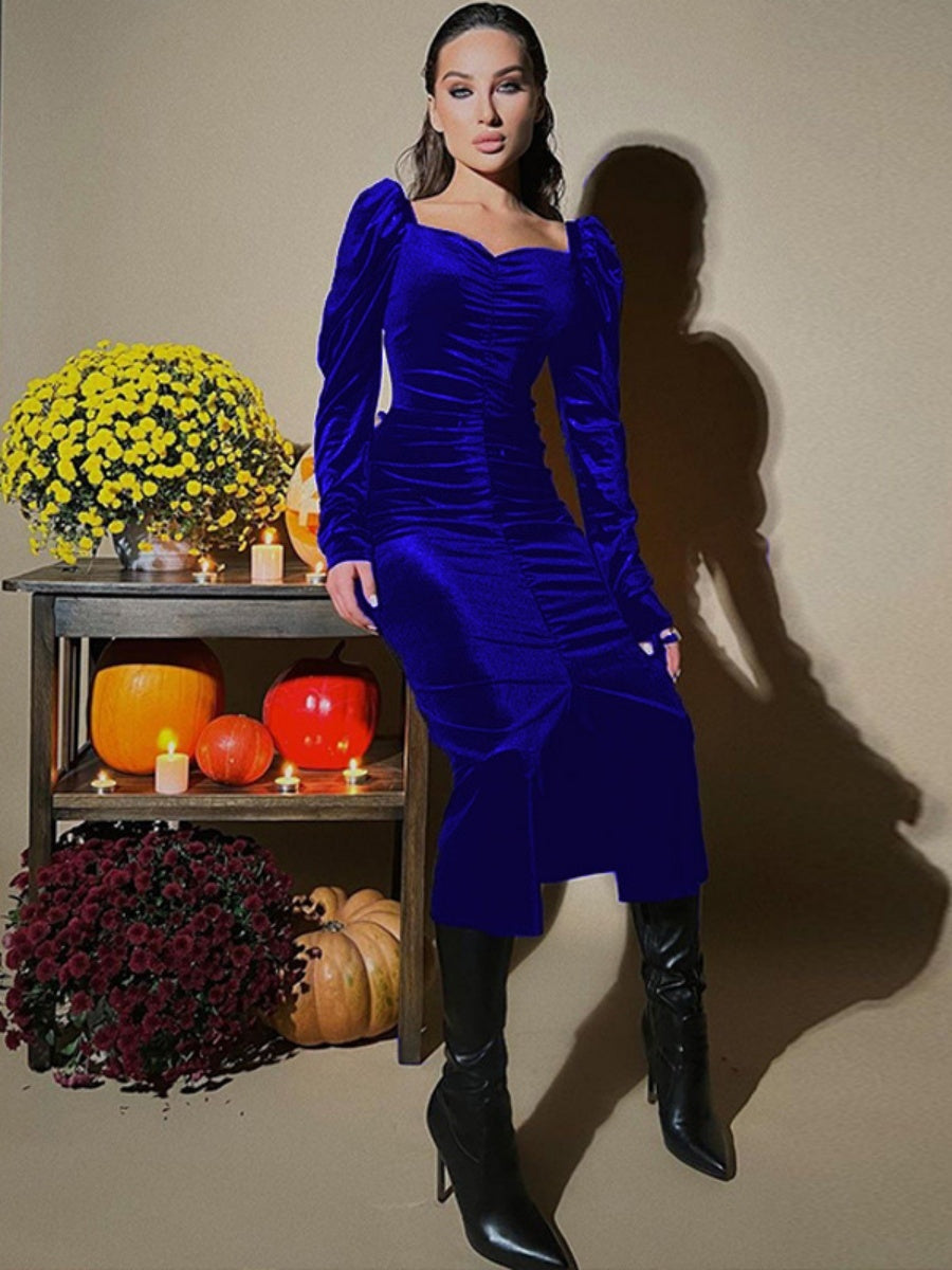 Tight-fitting Gold Velvet Pleated Long Dress