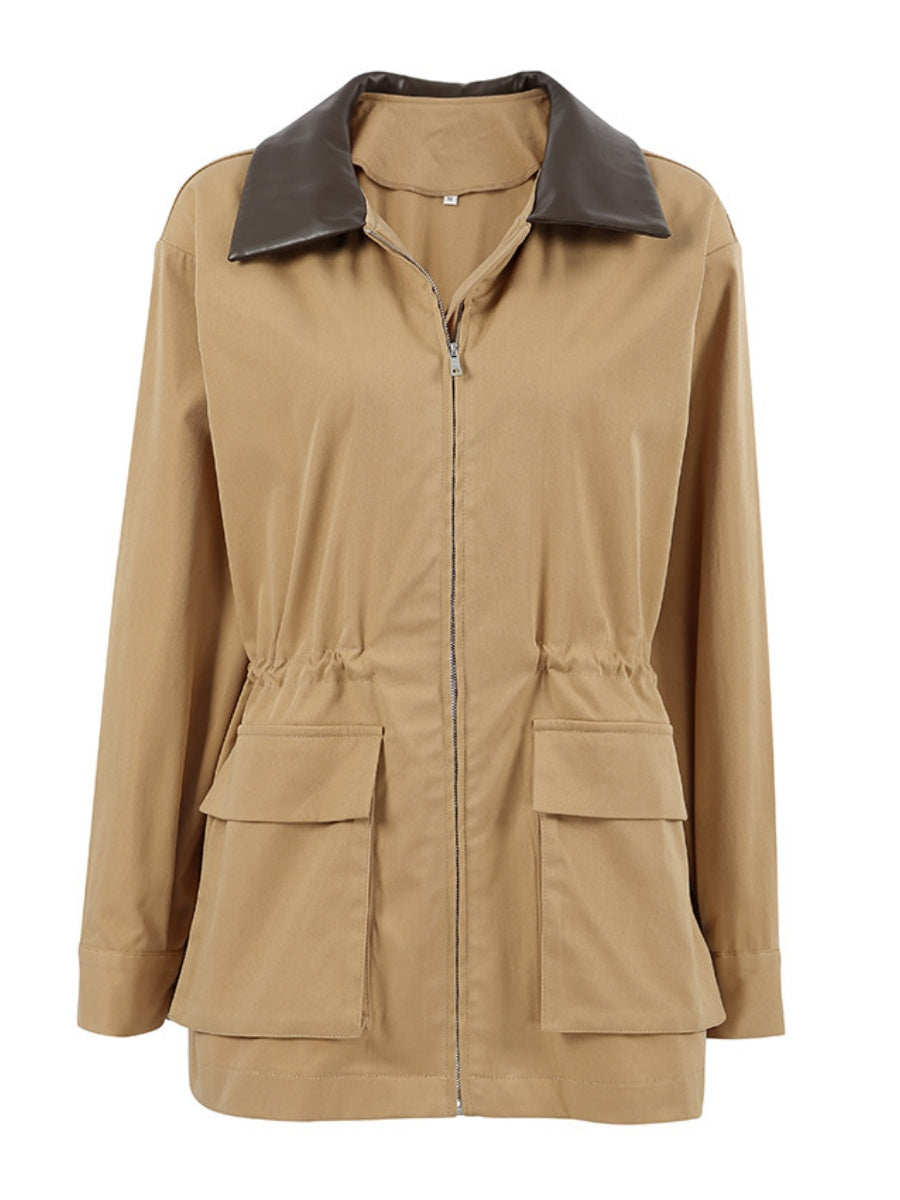 Regular Large Pockets Zipper Paneled Collar Trench Coat