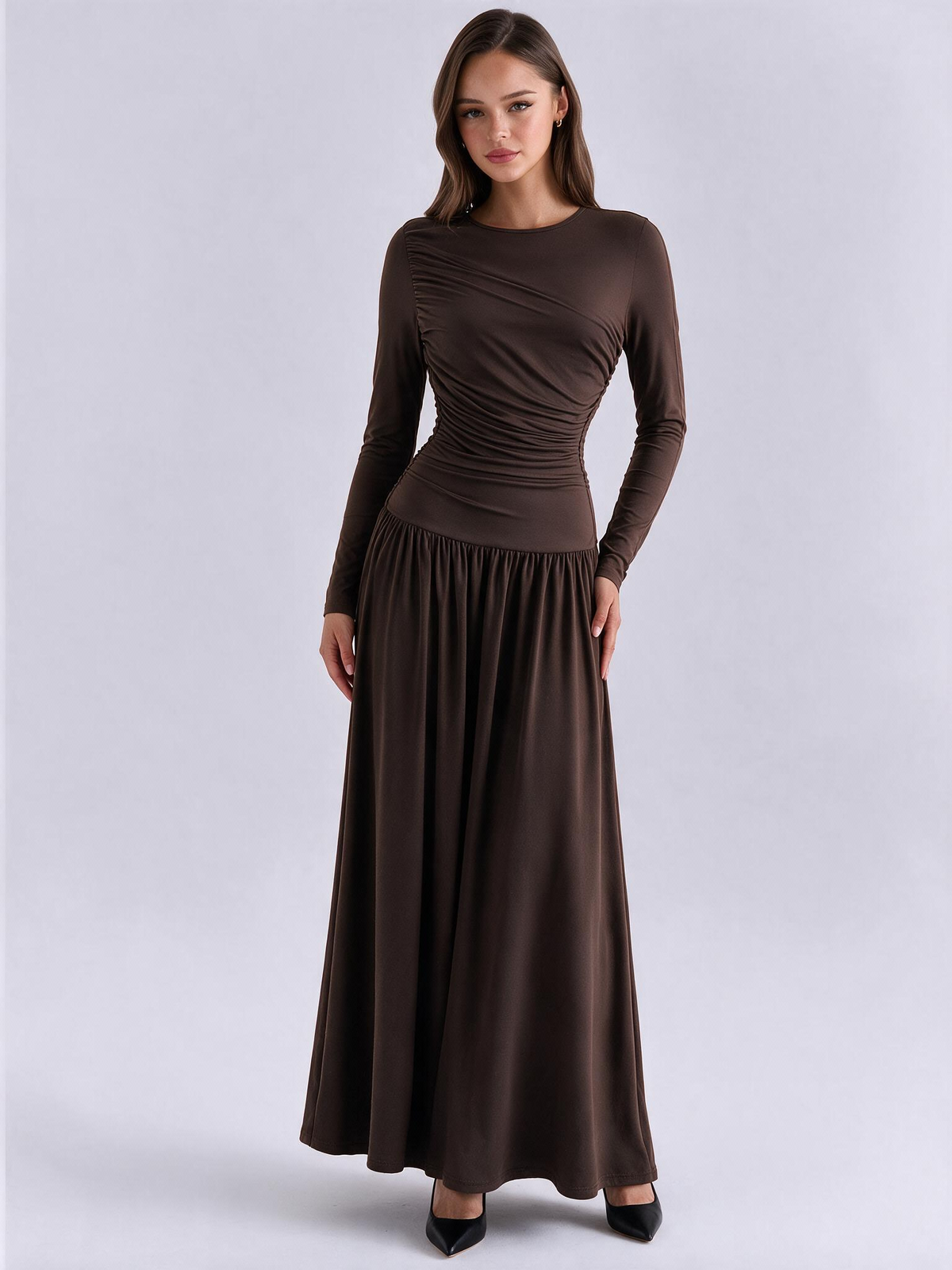 Pleated Design Long-sleeved Round Neck A-line Dress