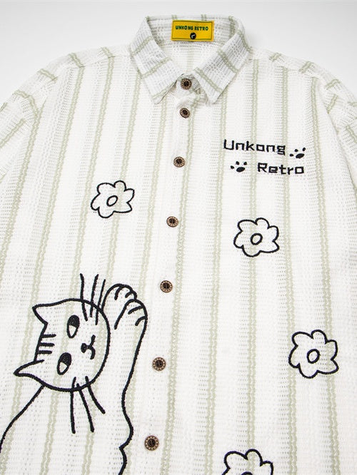 Cartoon Kitten Embroidery Vertical Stripe Loose-fit Vibe Breathable Shirts