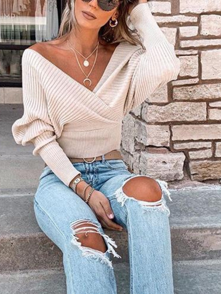 Liber Autumn women's clothing cross design Plain stitch V-neck solid color pullover long-sleeved sweater