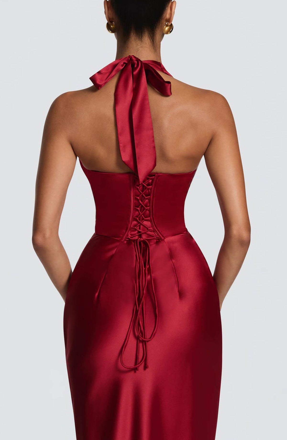Halter Neck Deep V Long Dress With Pleats And Laces, Sexy Off-shoulder Design Maxi Dresses