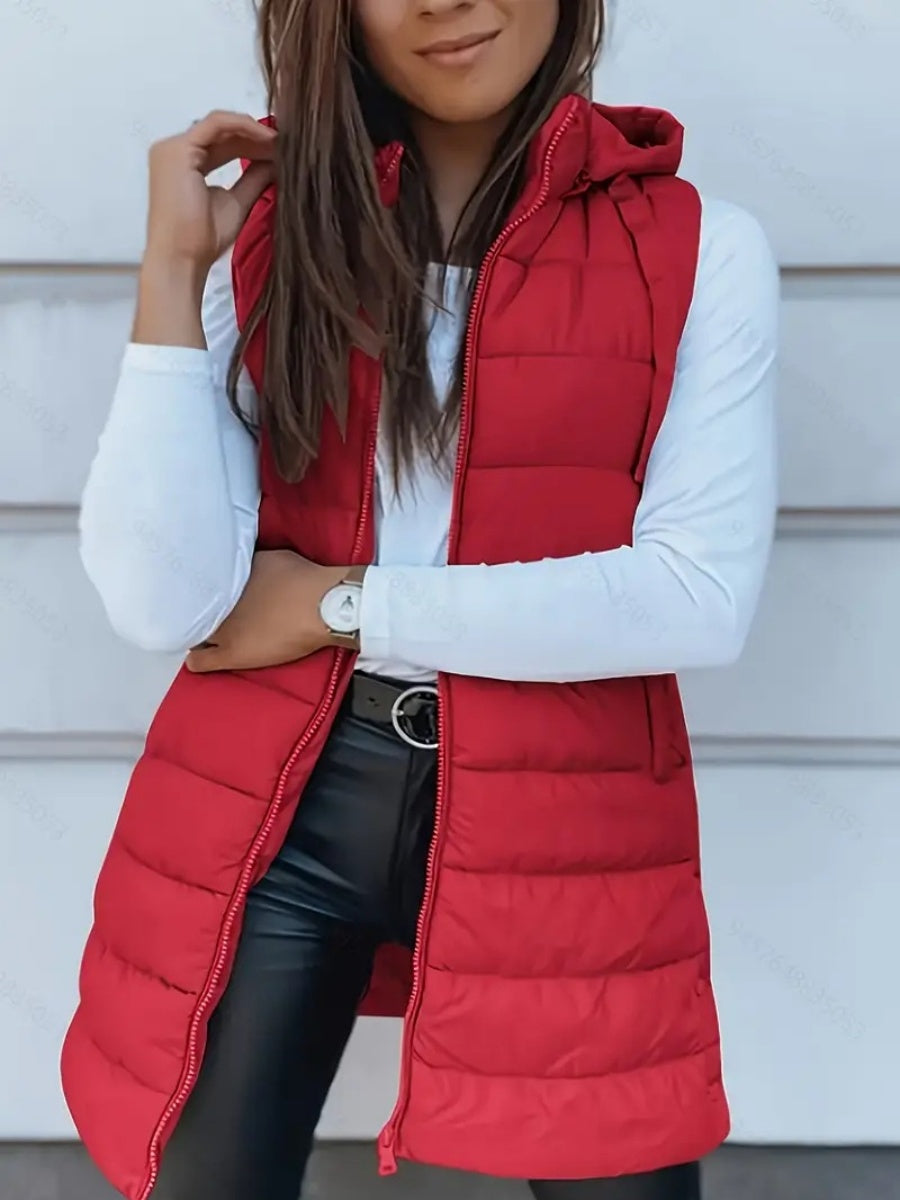 Mid-length Hooded Design Keep Warm Leisure Zipper Pocket Quilted Vest