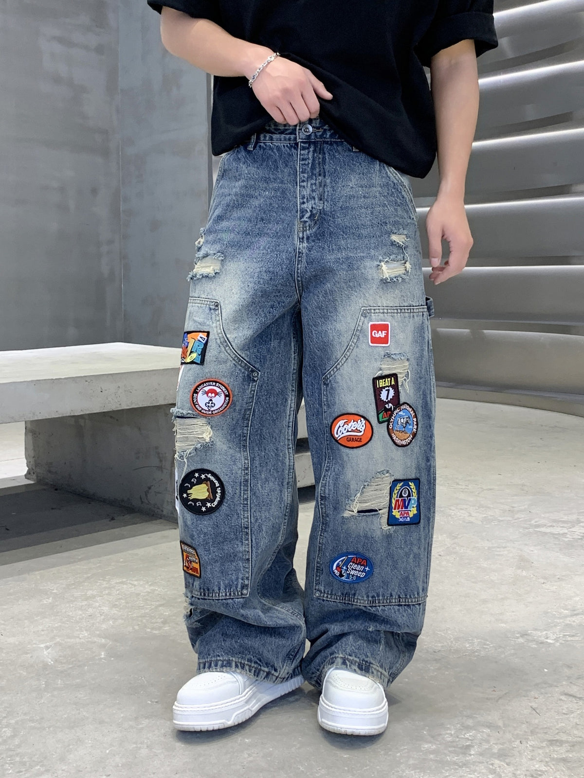Badge Embroidery Denim Loose-fit Patchwork Fake Hole Wide-leg Jeans