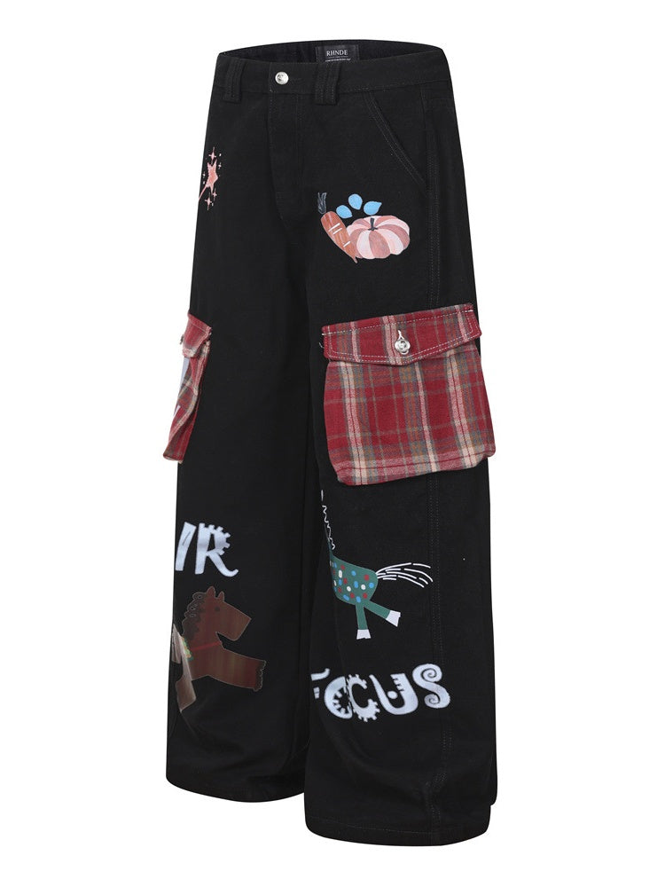 Plaid Color-blocked Cartoon Straight-fit Jeans