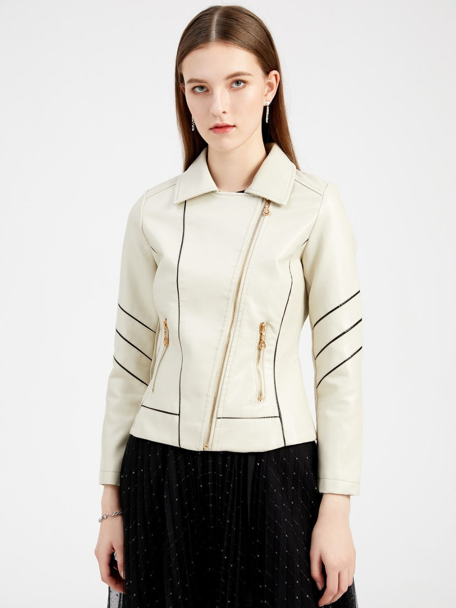 PU Leather Contrasting Colors Short Jacket