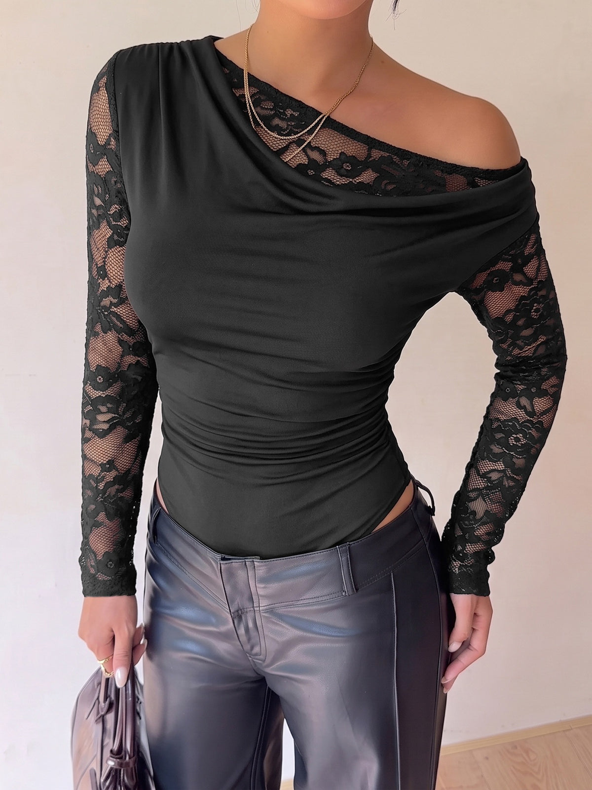 Lace-trimmed Off-shoulder Slim-fit See-through Bodysuit