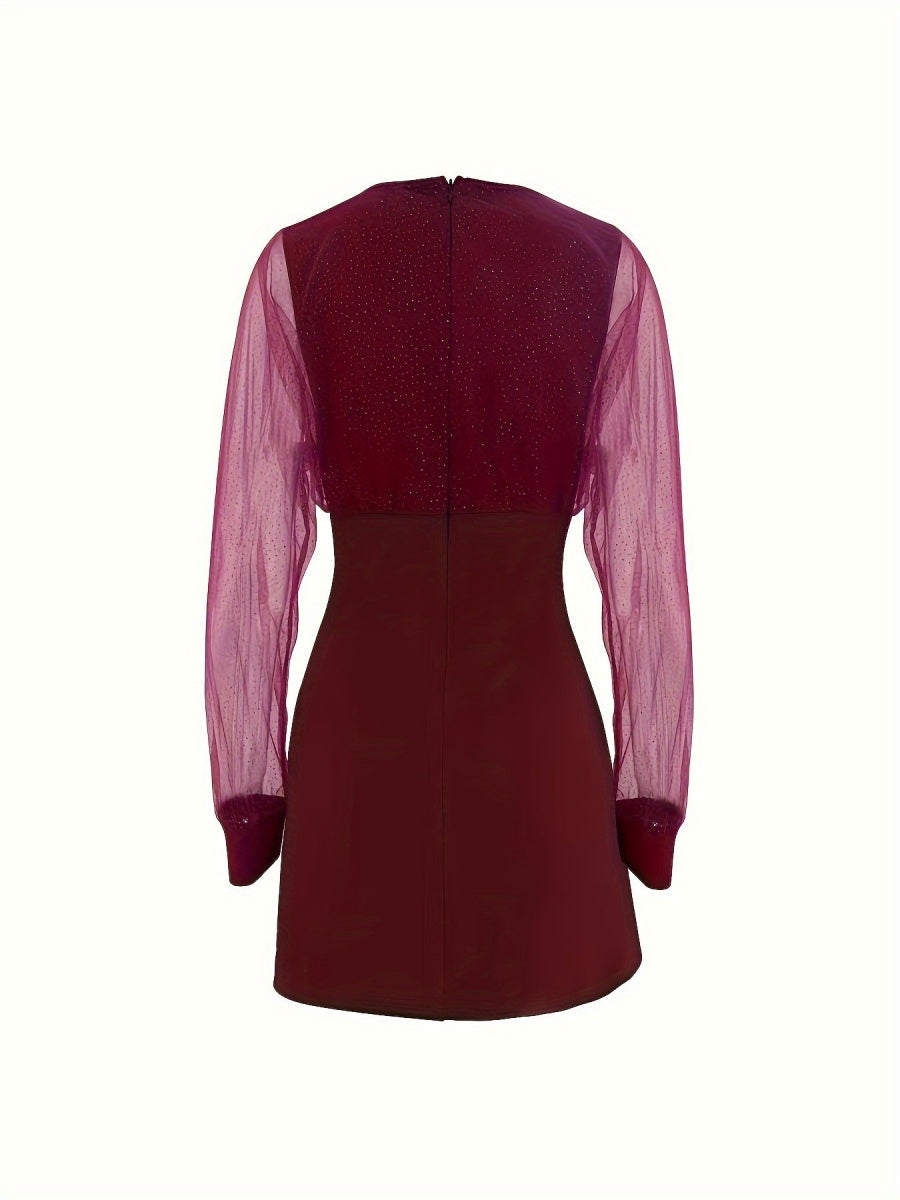 V-neck Mesh Splicing Long Sleeve Sequins A-pendulum Sexy Grace Party Short Dress