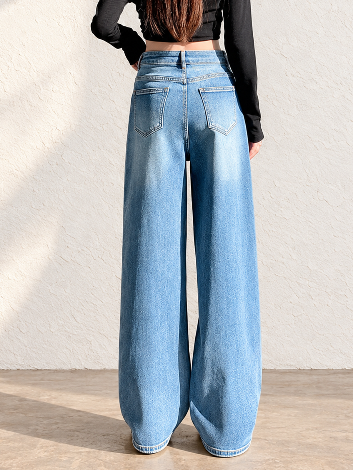 Autumn/Winter Women's Blue Whisker Pattern Jeans With Rhinestones