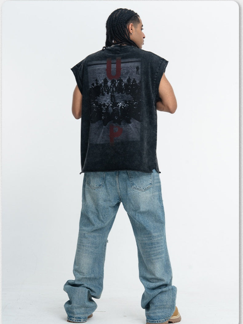 Washed Distressed Printed Tank Tops