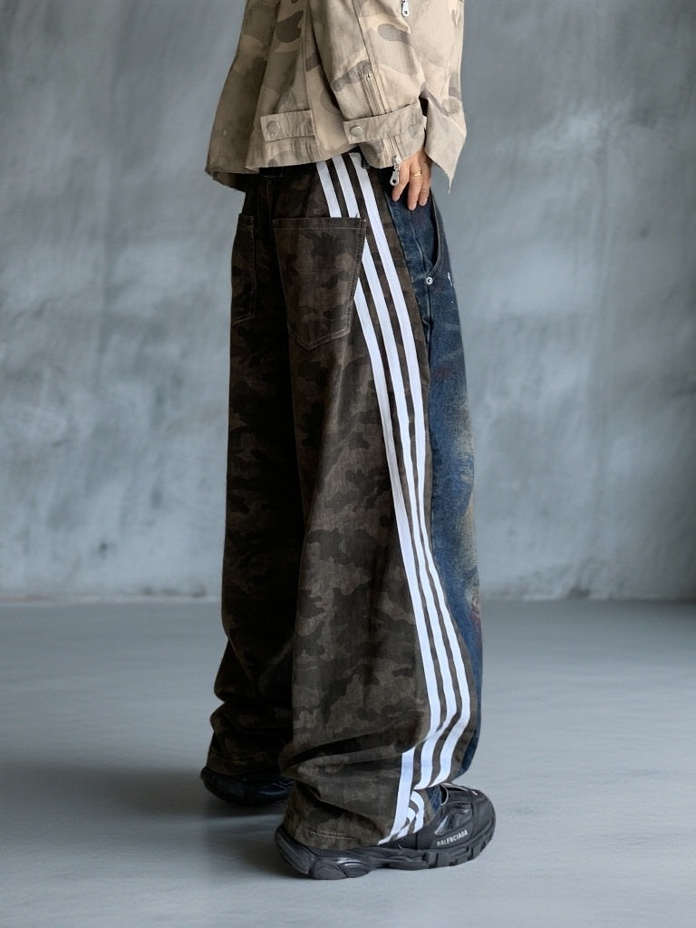 Patchwork Vertical Stripes Camouflage Washed Machete Jeans