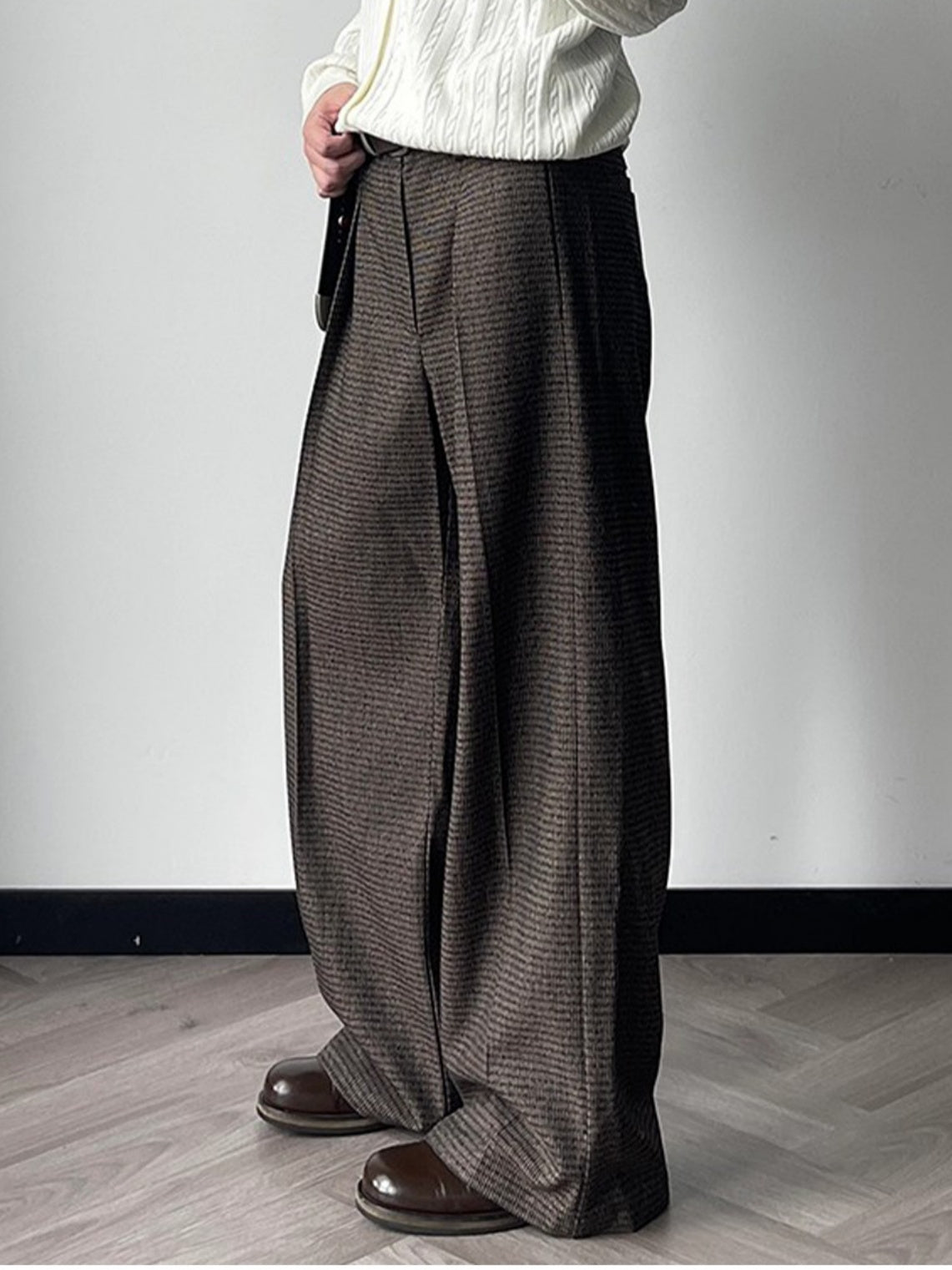 Wool-Blend Houndstooth-Stripe Pleated A-Line Wide-Leg Trousers