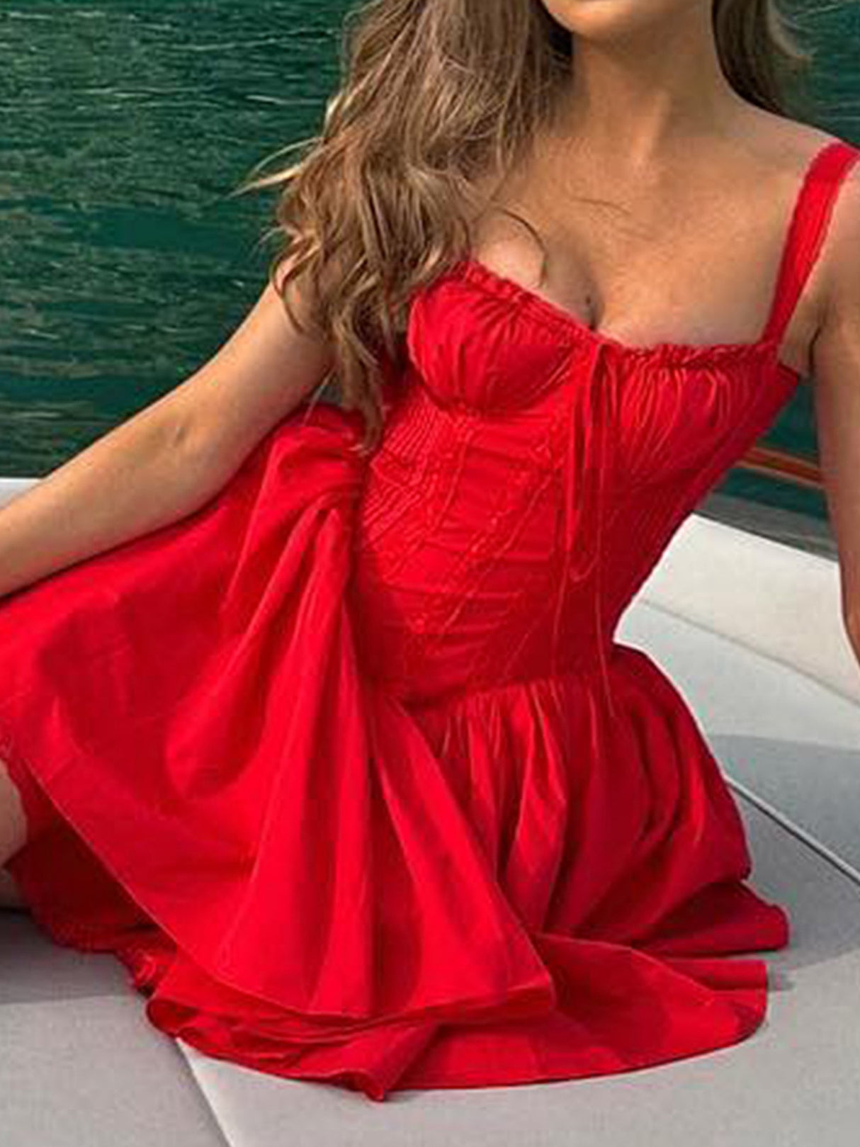 Lace Patchwork Waist-cinching And Backless Spaghetti Strap Short Dress