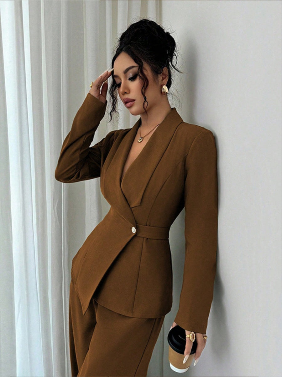 Long Sleeve Single Buckle Blazers Straight-leg Pants 2-piece Sets