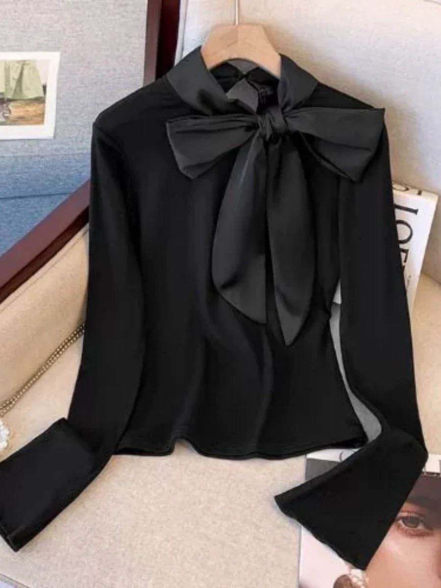 Black Big Bow Ribbon Long-sleeved Base Layer Fitted Top