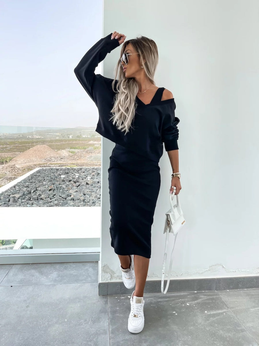 Liber Autumn women's V-neck clothing Pullover solid color long sleeve two piece dress