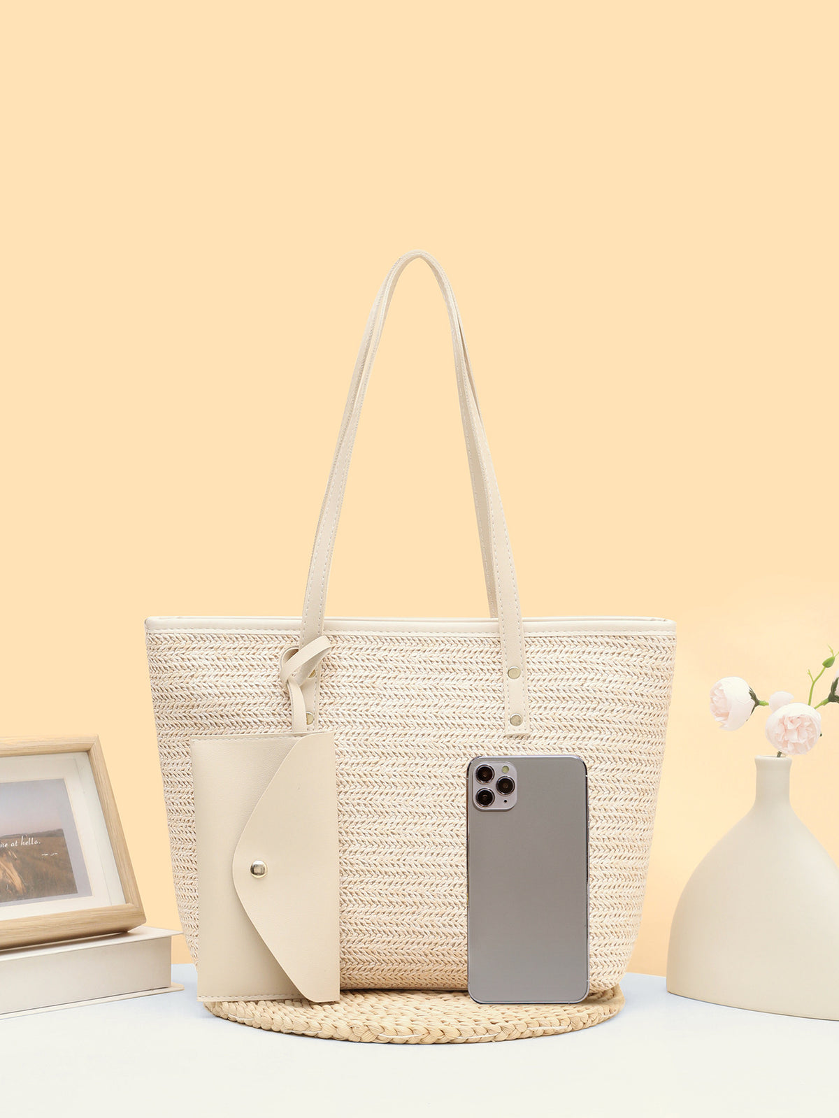 Solid Color Straw Woven Vacation Tote Bag