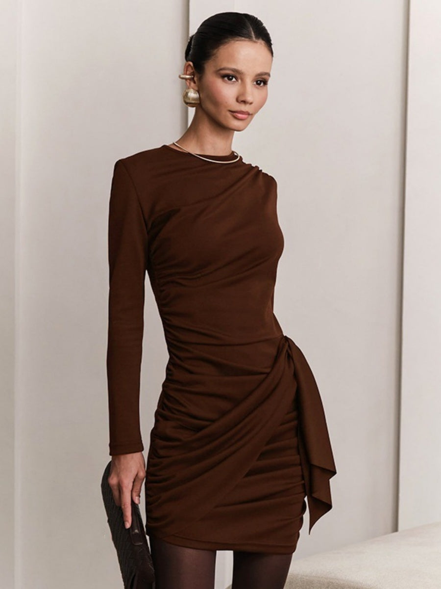 Long-sleeved Ribbon Slim Fit Pleated Workplace Grace Cocktail Party Mini&Short Dresses