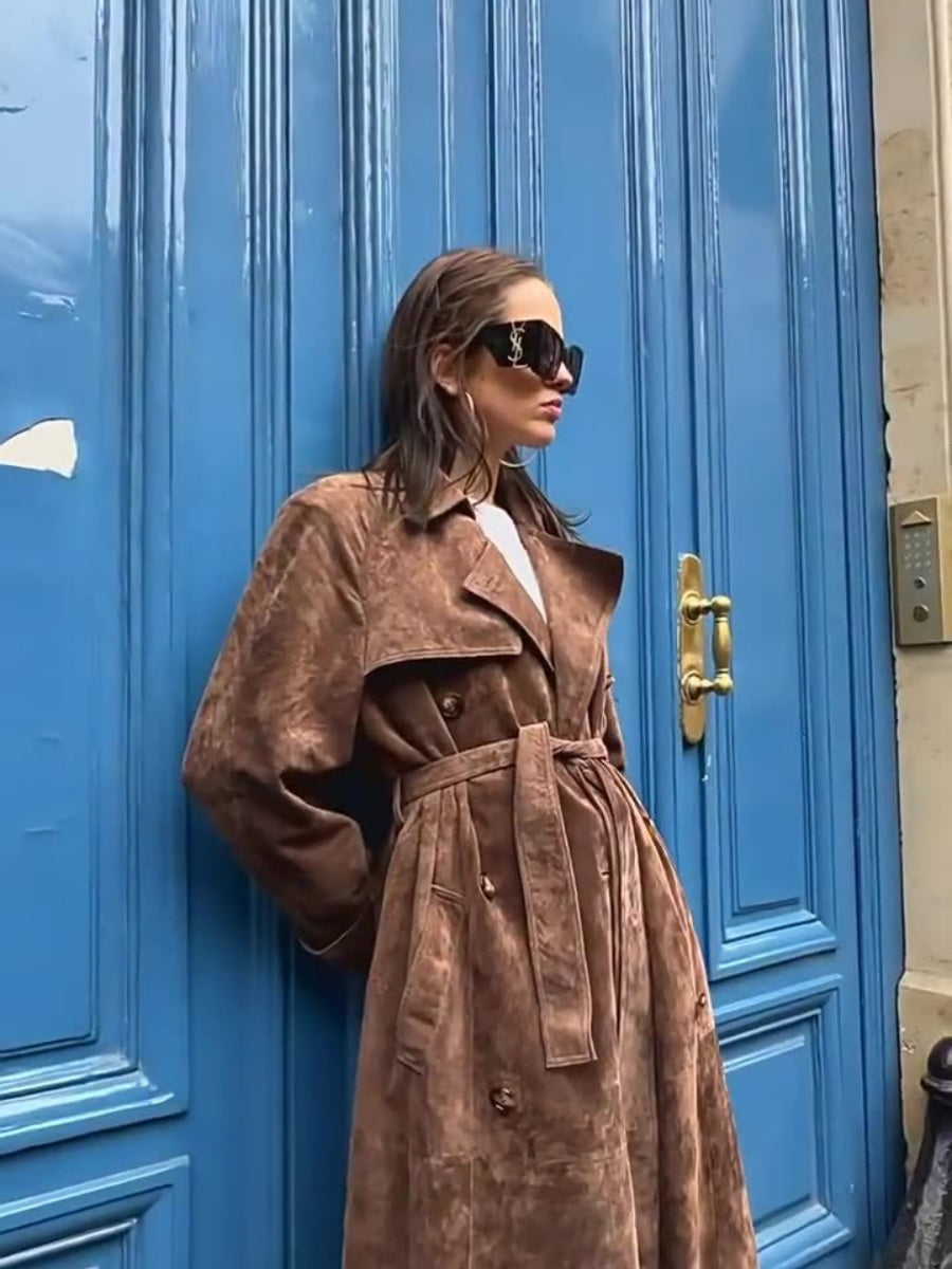 Long Suede Trench Coats Belt Pocket Grace Workplace Everyday Coat