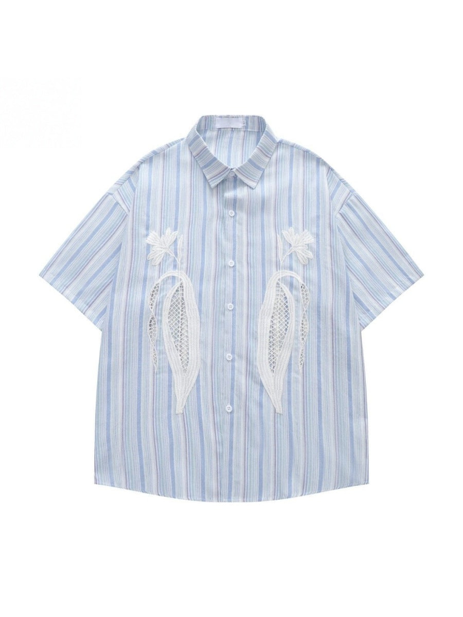 Pink Stripes Vibe Embroidery Hollow Out Shirts