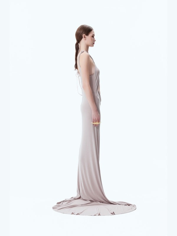 Midriff-baring, Padded-shoulder, One-sleeve, Floor-length Dress