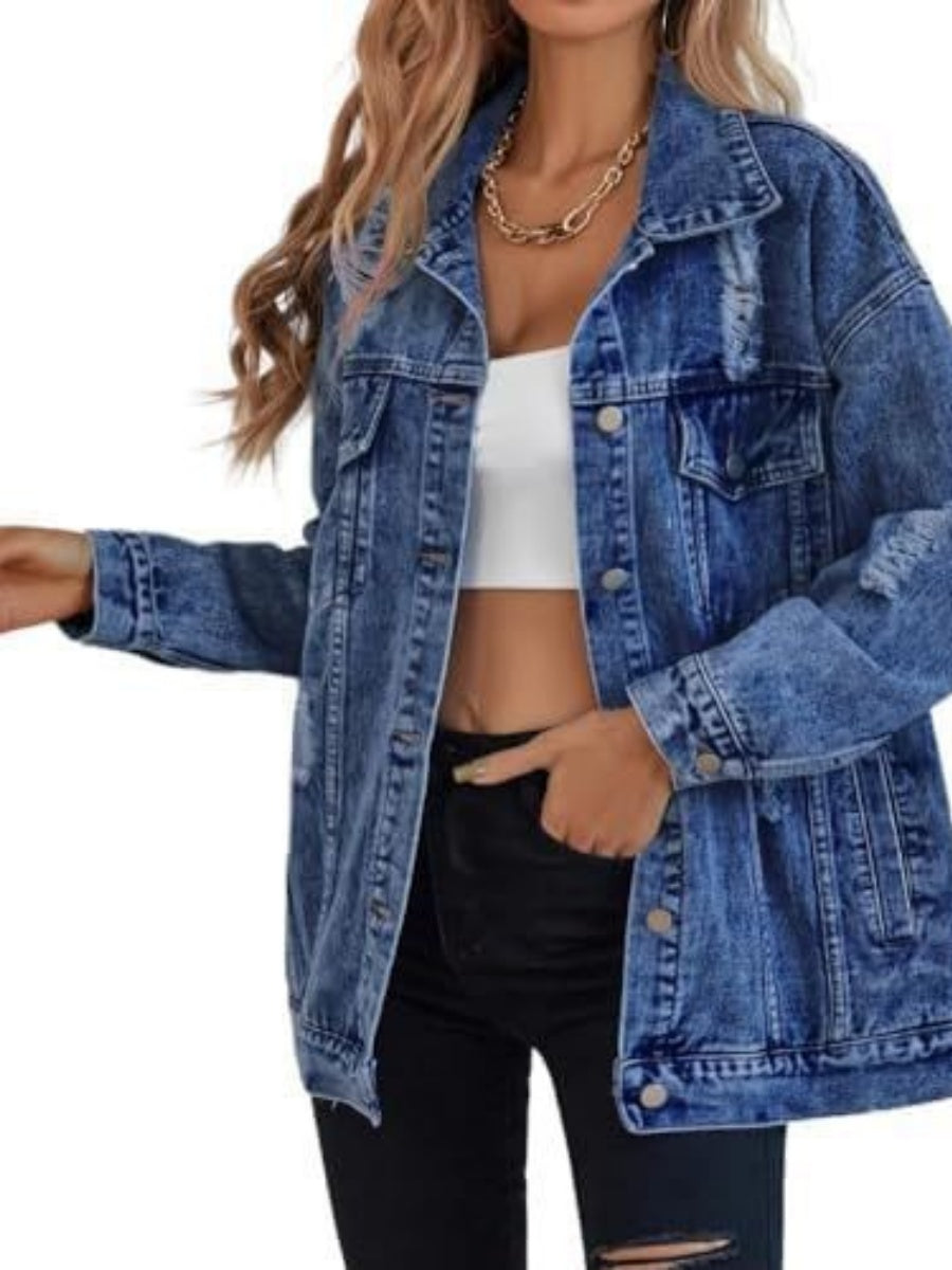 Loose-fitting Distressed Jeans Ripped Design Workwear Style Casual Jacket