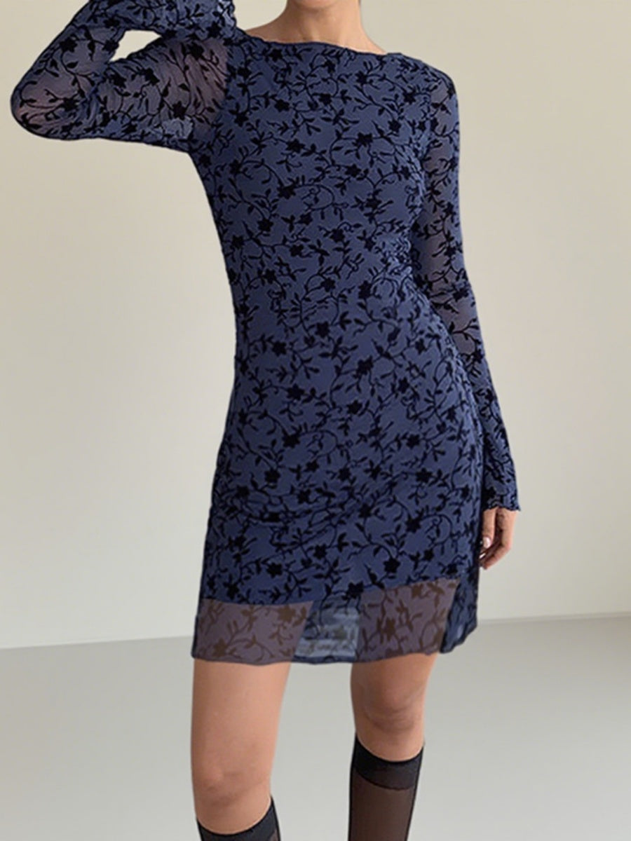 Long-sleeved Flocking Print Elastic Short Dress