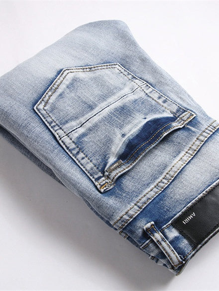 Punk Blue Heavy Craftsmanship Slim Stretch Ripped Patch Skinny Jeans