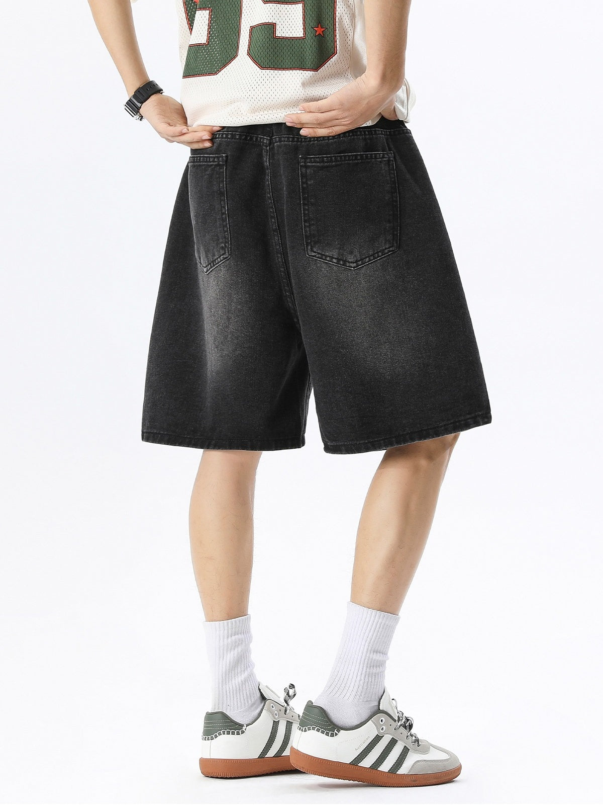 Distressed Washed Five Points Denim Shorts