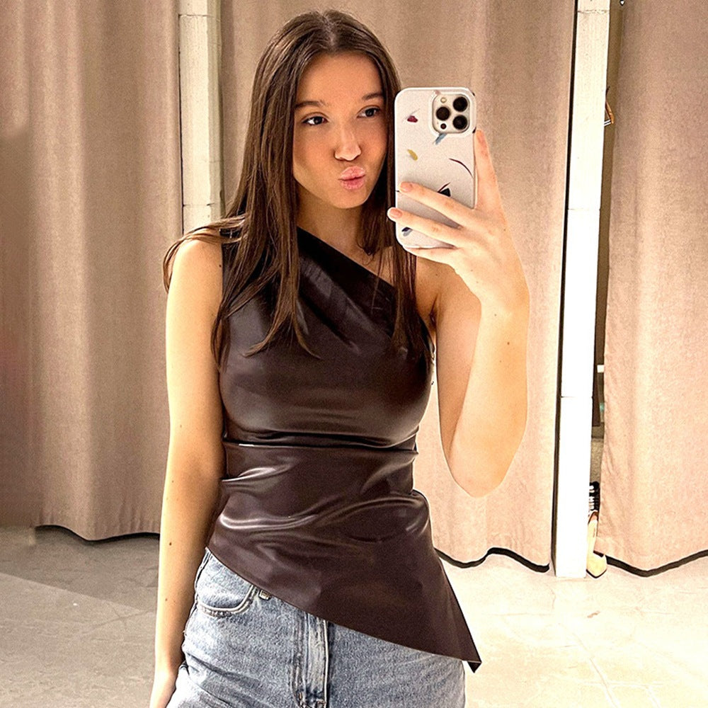 New Solid Color Slim Fit Asymmetrical Neck Zipper Top