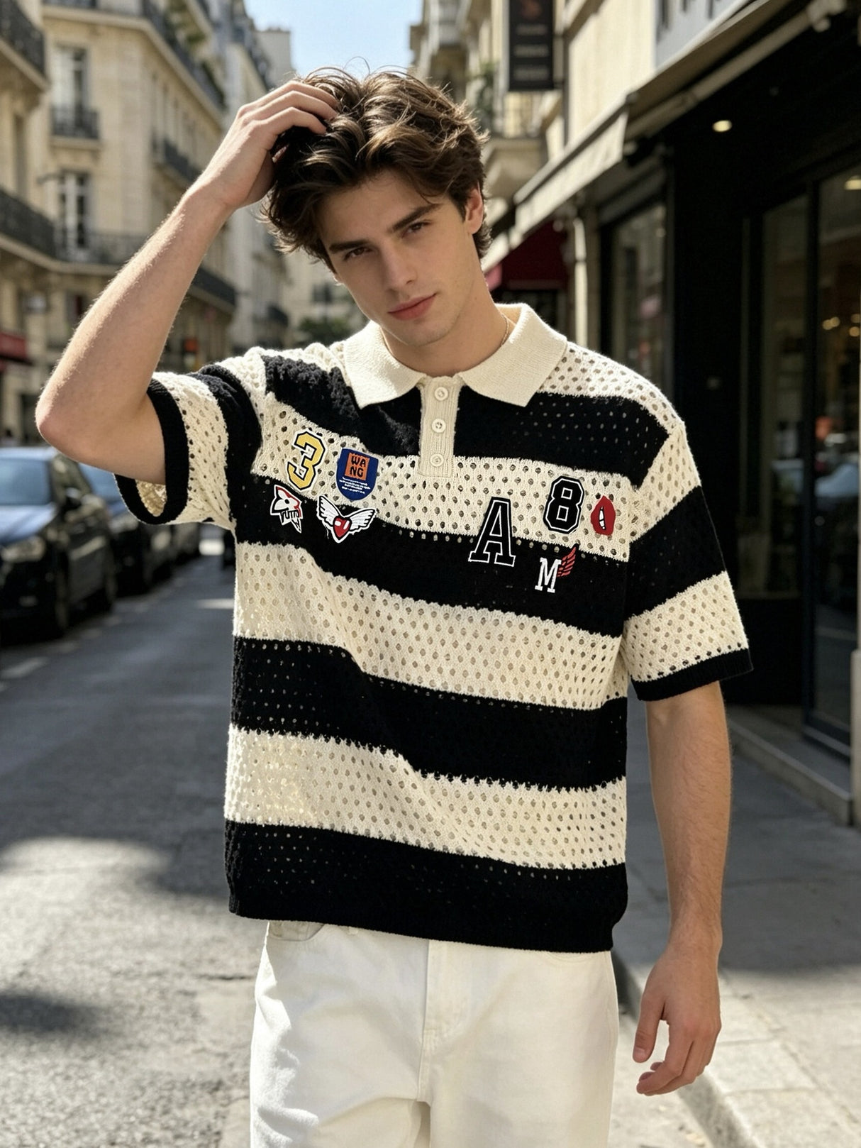 College Style Stripes Hollow Out Badge Embroidery POLO Shirt