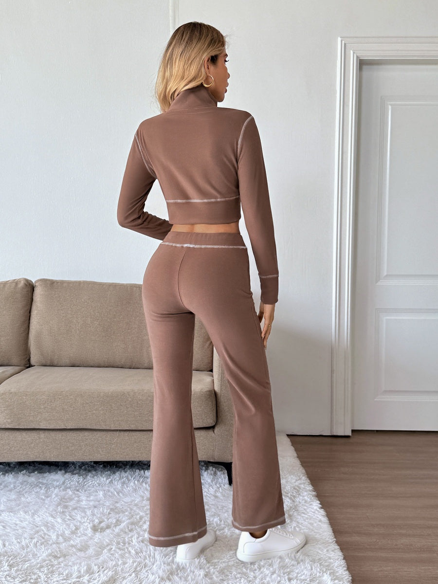 Short Cardigan Coffee brown zipper trousers Knitted two-piece suit