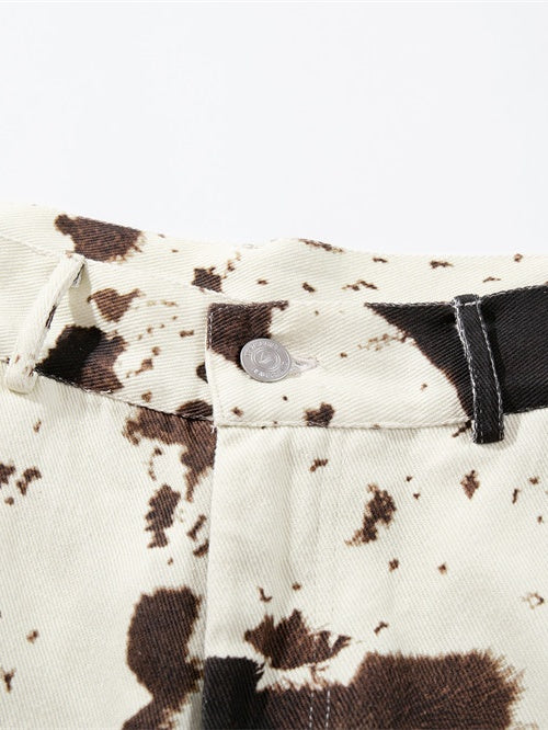 Color-blocked Cow Print Tie-dye Camouflage Denim 7 Points Shorts