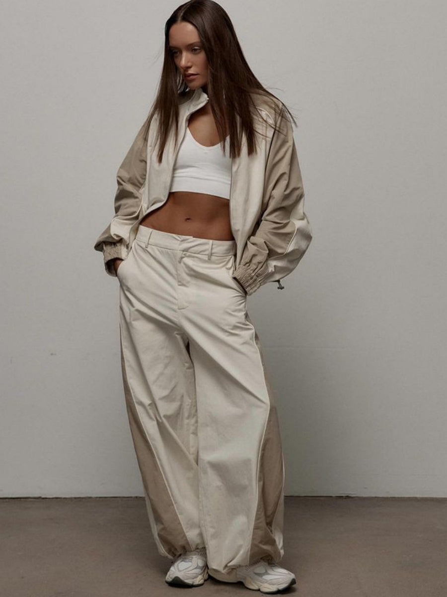 Liber Autumn women's drawstring clothing Colorblock long-sleeved two-piece jacket