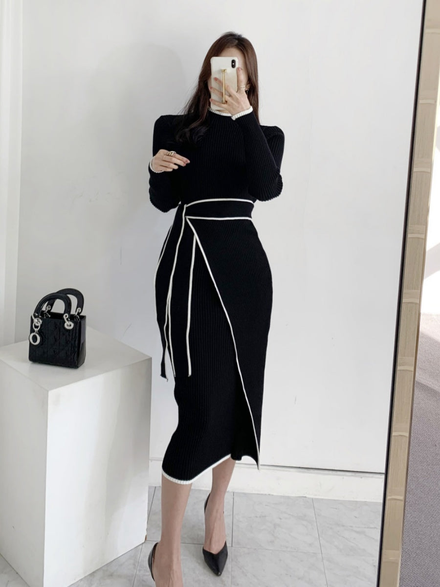 Autumn/Winter Retro Niche High-Neck Slim Fit Elegant Color Block Mid-Length Tie-Waist Knit Dress