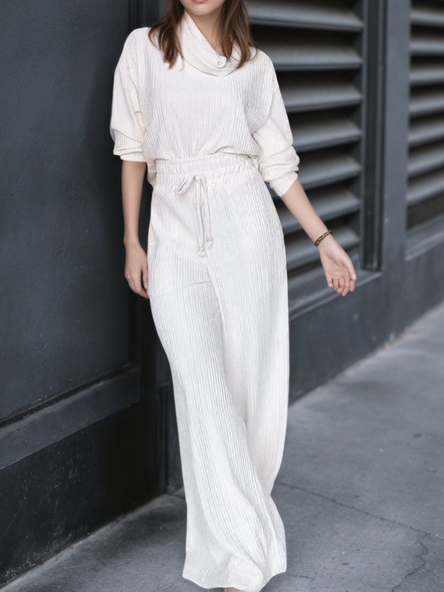 Blended Loose Jacquard Stand Collar Long Sleeves Two-piece Straight-leg Trousers
