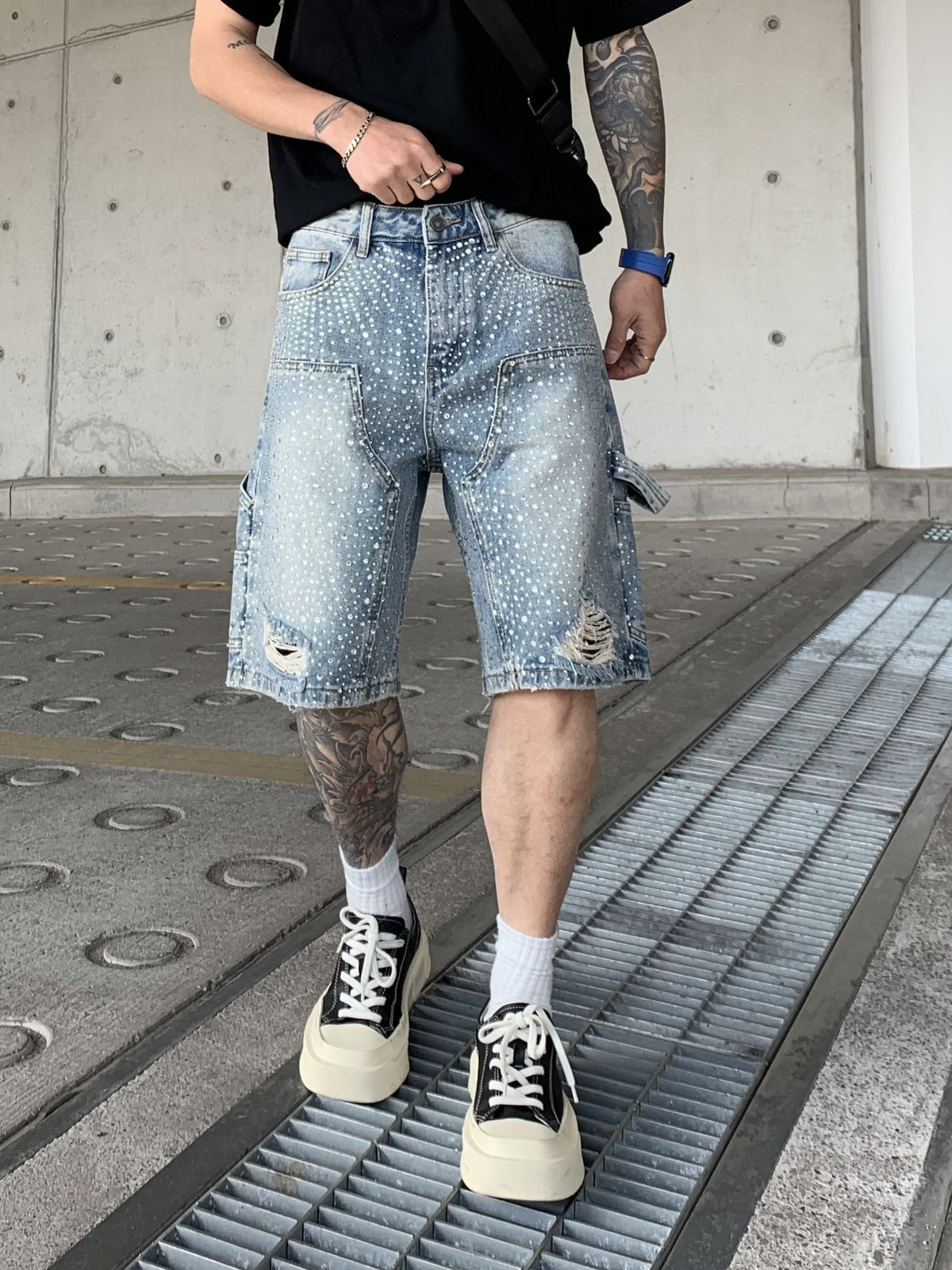 Diamond Full Diamond Hole Gradient 7 Points Denim Shorts