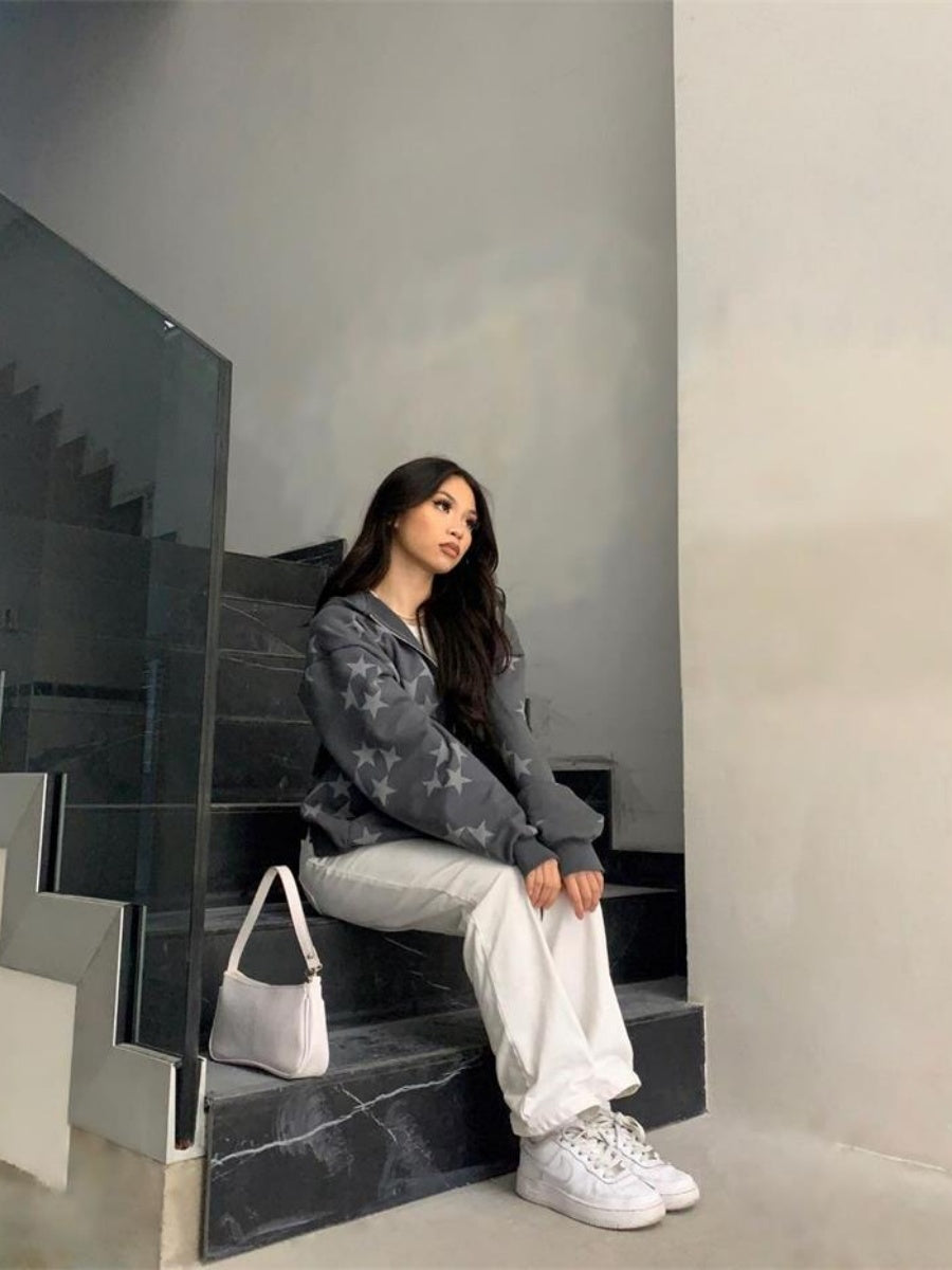 Old Star Print Zippered Loose Hooded Sweatshirt