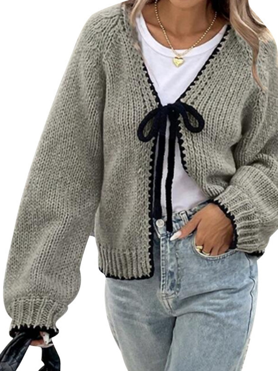 Liber Autumn Women's Chain link Contrasting colors Bandage Cardigans