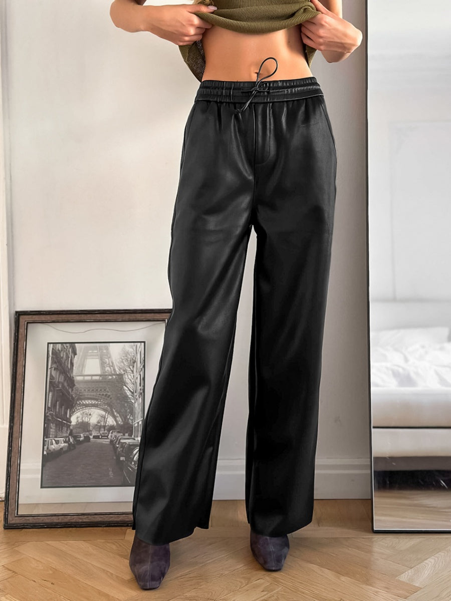Wide Leg Straight-leg pants with lace-up Pu leather trousers
