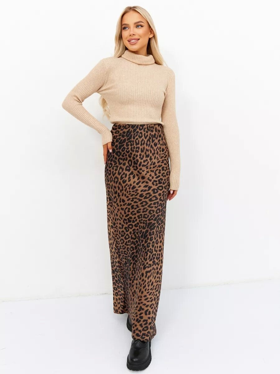 Satin Leopard Print High Waist Elasticity Silky Smooth Skirts
