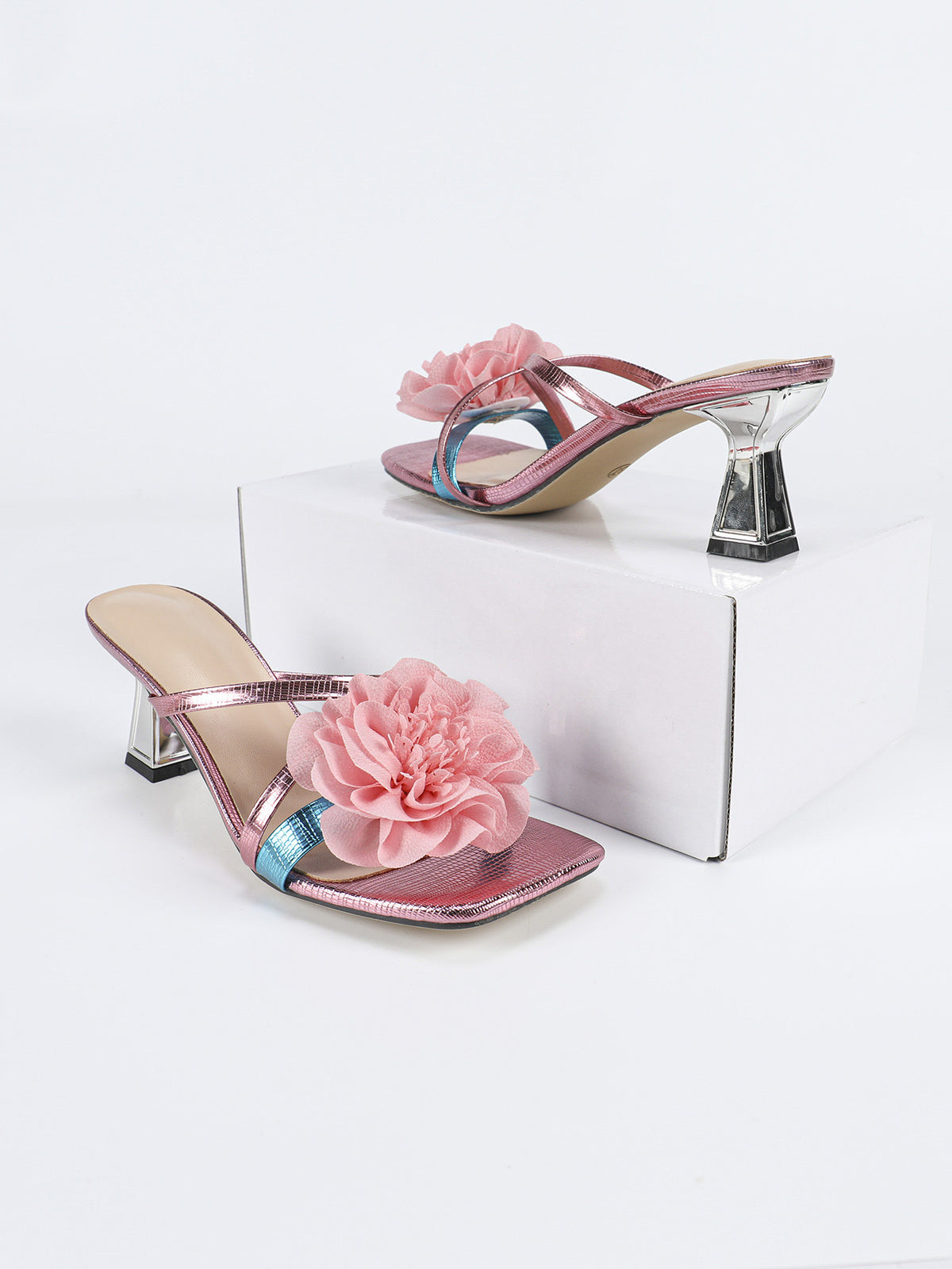 3D Floral Iridescent Square-toe High-heeled Sandals