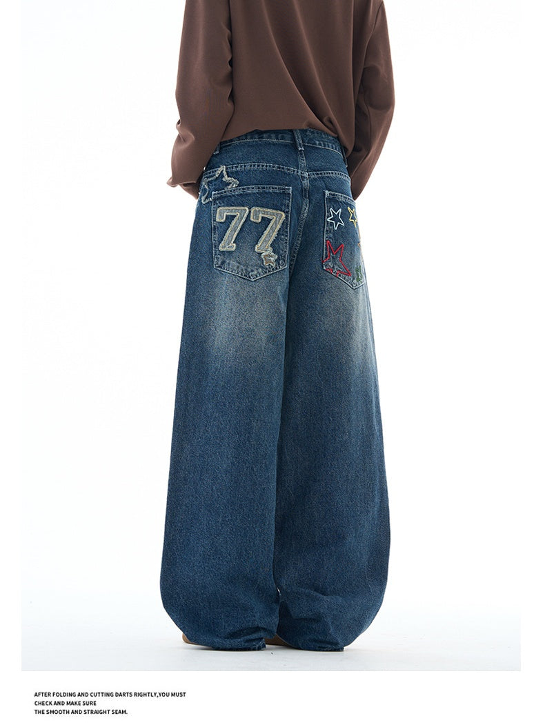 Star Letters Embroidery Design Casual Wide-leg Pants