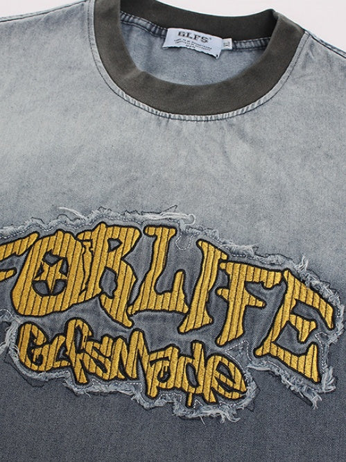 Tie-dye Gradient Washed Distressed Embroidery Denim T-shirt