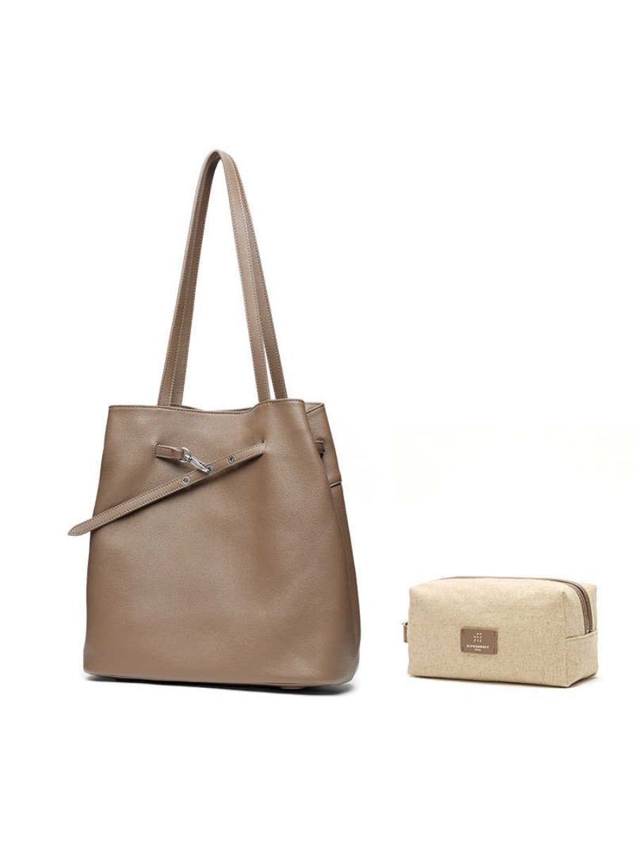 Straight-on Small And Soft Bucket Bag, Large Size, Top-grain Cowhide, Shoulder Bag, Large Capacity Tote Bag For Women.