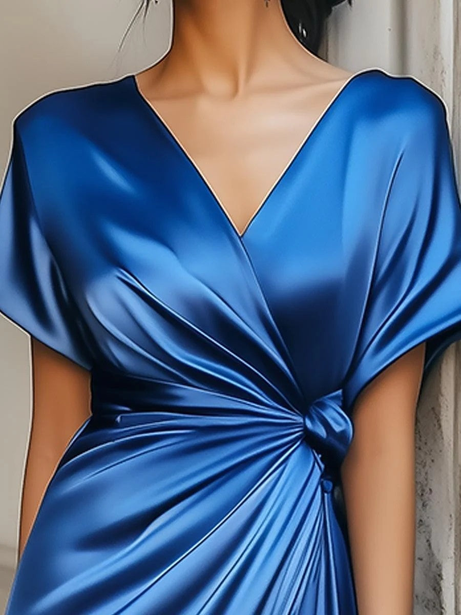 Maxikleider aus Satin mit V-Ausschnitt, kurzen Ärmeln und einfarbigem Design