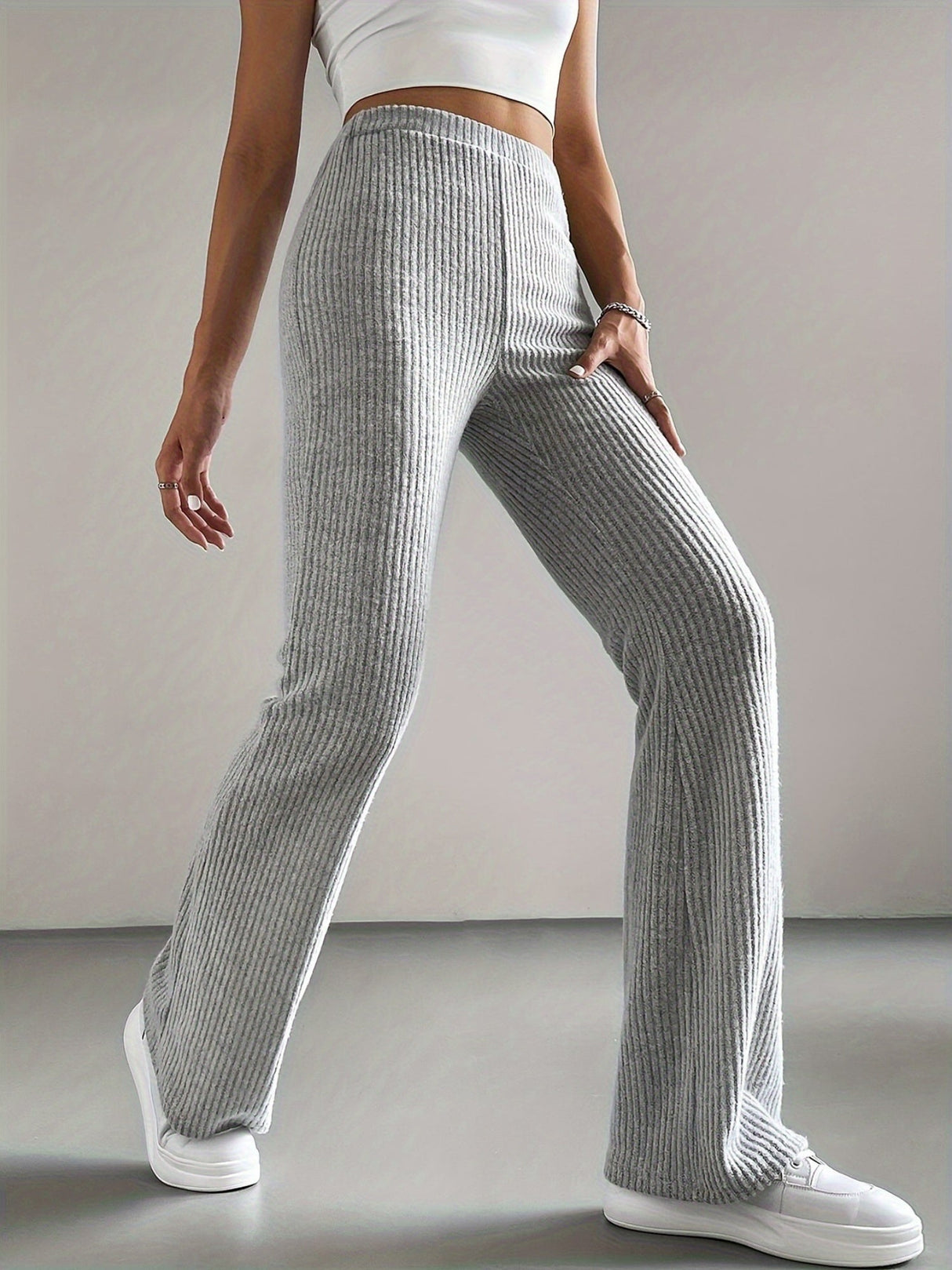 Ribbed Knit Flared Pants Solid Color Casual Pants Slim Fit Yoga Pants