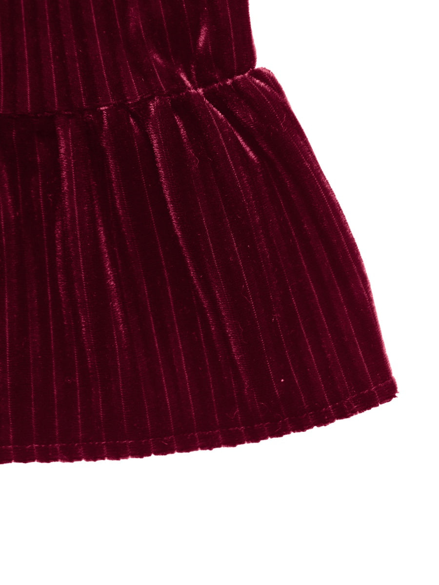 A-style Wine Red Velvet Stripes Long Sleeve Bow Ruffle Cocktail Party Christmas Short Dress